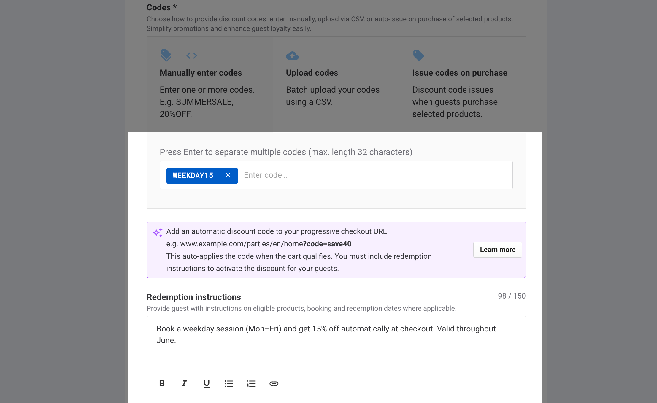 create automatic discount code - redemption instructions
